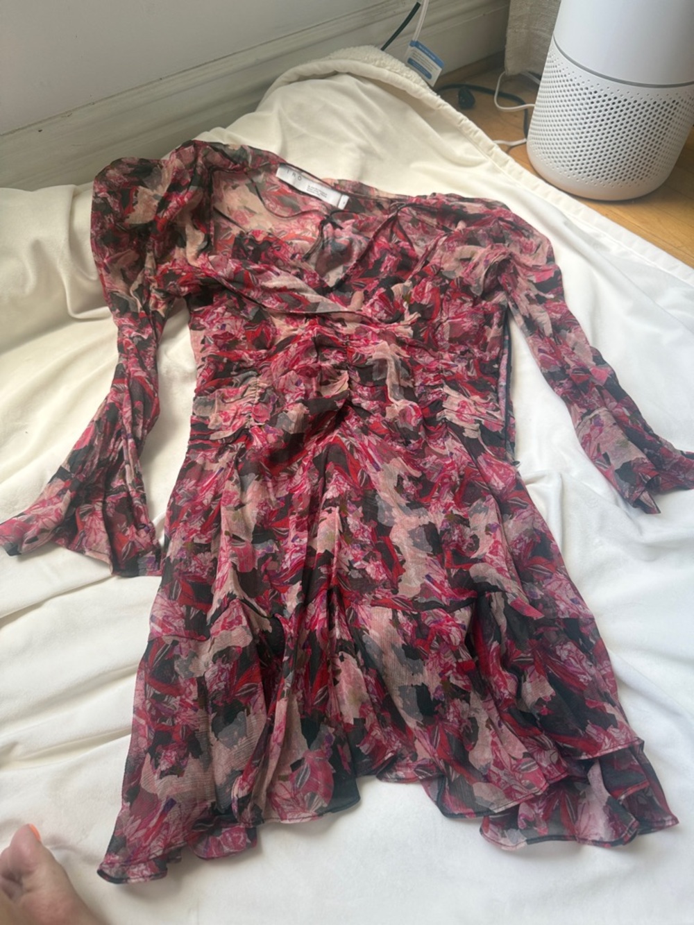 IRO Red and Black Floral Long Sleeve Wrap Dress